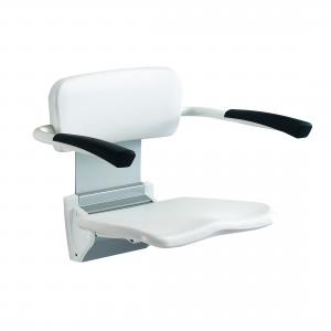 Invacare Futura asiento de pared abatible con respaldo y reposabrazos.