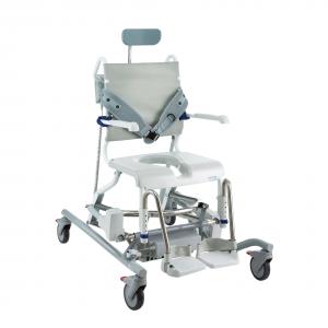 Silla de ducha Invacare Aquatec Ocean E-Vip  con basculación y elevación de asiento eléctrica, incluye reposacabezas y cinturón pectoral.